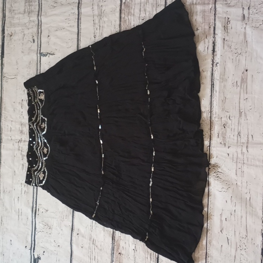 Angie Black Silver Sequin Beaded Boho Tiered Knee Length Skirt L